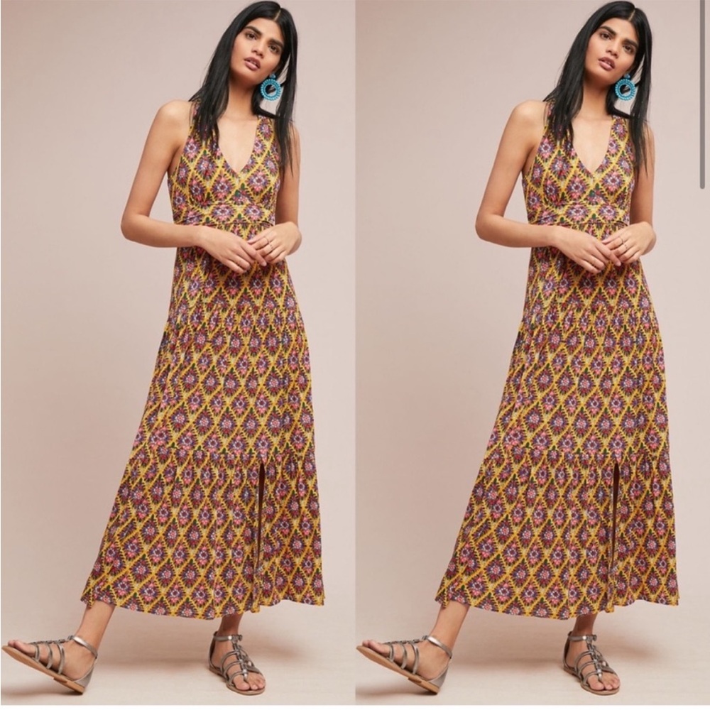 Maeve Anthropologie Luella maxi dress yellow floral print jersey slit XS